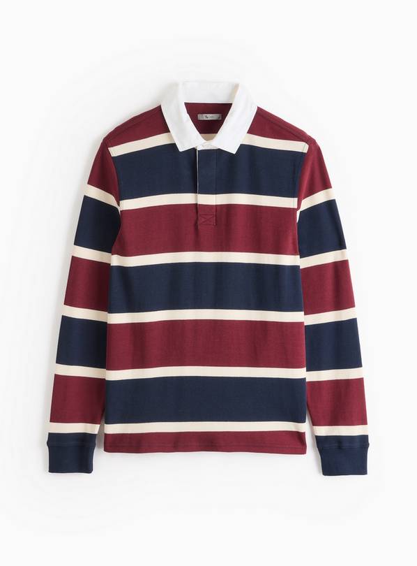 Navy & Burgundy Striped Long Sleeve Rugby Shirt XL